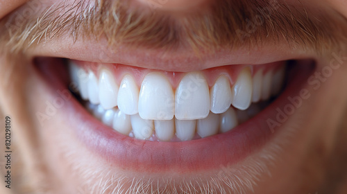 Close-up of healthy white teeth of smiling man male. Body part - mouth. Perfect Close Up White beautiful Veneers Teeth bleaching crowns whitening young lady smiling, Male beard natural man smile.
