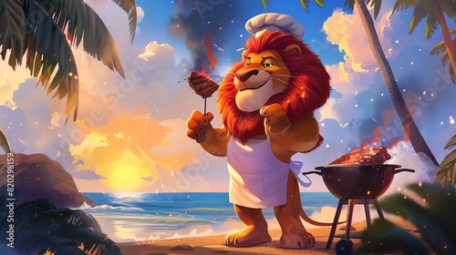 A cheerful cartoon lion wearing a chef's hat grills meat on a tropical beach at sunset, creating a vibrant and fun atmosphere.