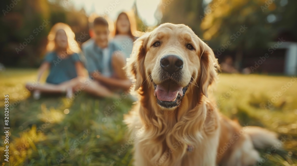 Focused shot of a happy golden retriever in a park with blurred people in the background
