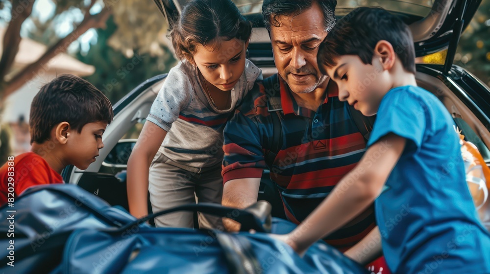 A father and his children prepare suitcases and belongings into the car for a holiday trip. A father and his children prepare suitcases and belongings into the car for a holiday trip.