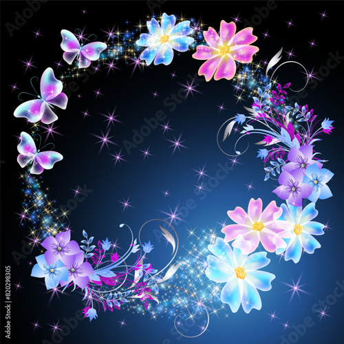 Fairytale floral round frame and magic butterflies in amazing night sky with sparkle stars and flowers. Fantasy mysterious background. © Marisha