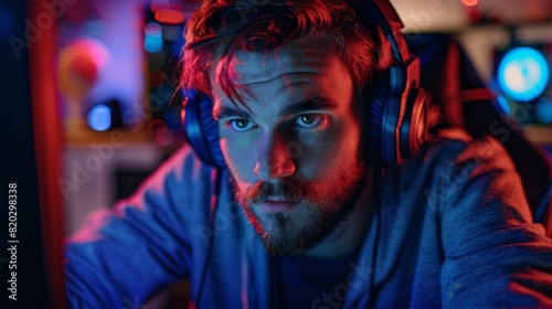 A focused gamer wearing headphones immersed in gameplay with vibrant neon light background
