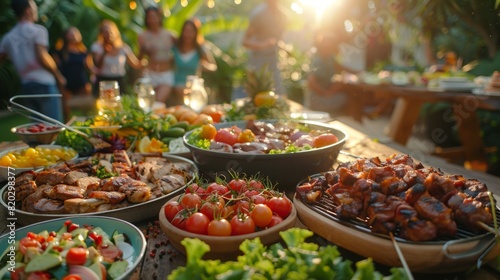 Summertime outdoor barbecue with a variety of grilled foods on a rustic table