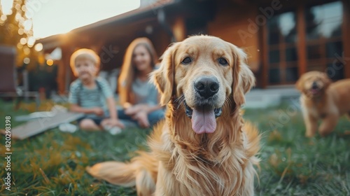 Happy golden retriever dog with children and adults in the background of a yard