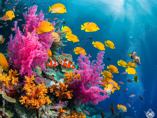 Vibrant coral reef filled with an abundance of colorful fish, plants, and sea creatures swimming gracefully.