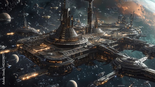 Futuristic space station with advanced technology and spacecraft, set in a distant galaxy with vibrant planets and stars.