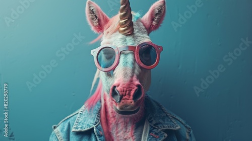 An intelligent man wearing a unicorn mask in front of a turquoise background