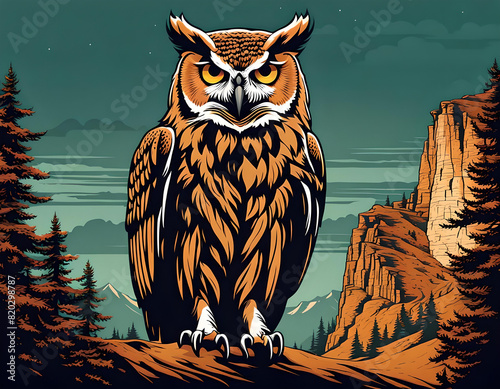 The Owl's Nightly Watch. Wild Owl looking. Hill forest beautiful Owl. Modern minimal design for clothing and items.Owl #01