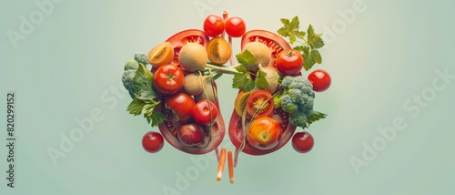 3D illustration of a pair of kidney made of fruits and vegetables. Conceptual 3d illustration with copy space.