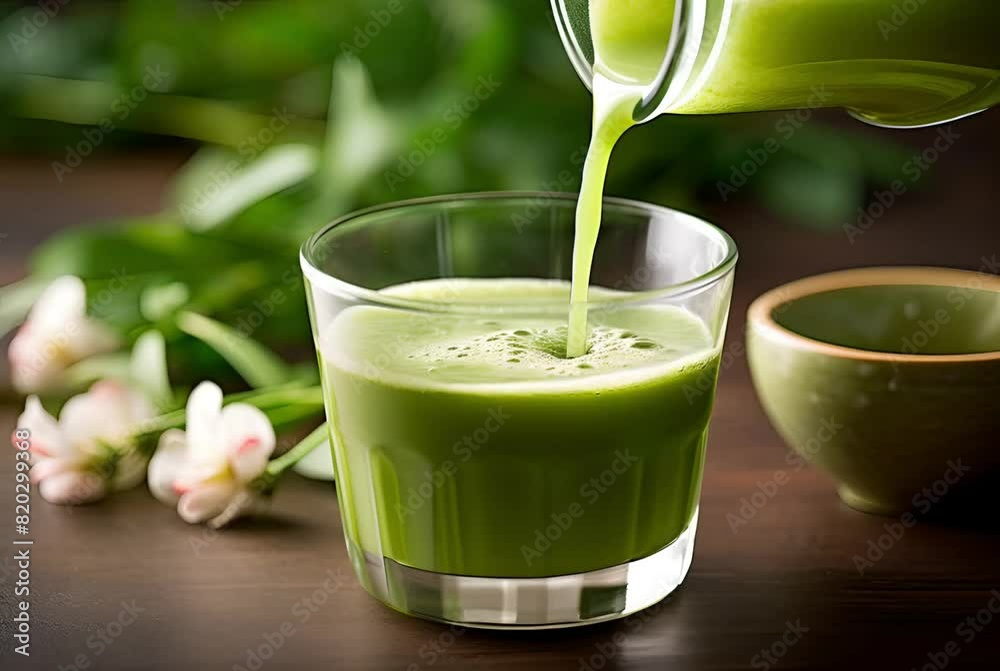 Refreshing green juice is being poured into a clear glass, with fresh spinach leaves and a rustic wooden table in the background to highlight a healthy lifestyle choice Refreshing green juice is being poured into a clear glass, with fresh spinach leaves and a rustic wooden table in the background to highlight a healthy lifestyle choice