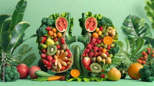 3D illustration of a pair of kidney made of fruits and vegetables. Conceptual 3d illustration with copy space.