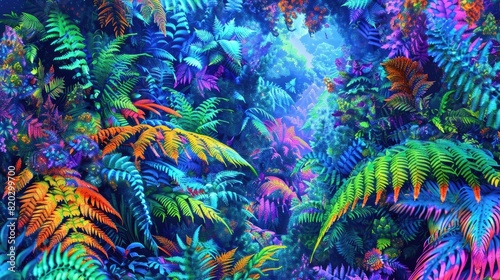 Psychedelic digital painting of a rainforest, flora and fauna blending and morphing into fractal patterns, vivid neon colors, optical illusions realistic © Nabeel