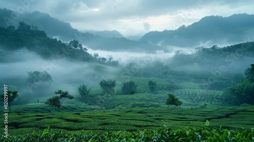 tea plantation agriculture, tea growers nurturing their crops amidst the serene morning mist, with a lush plantation in the backdrop