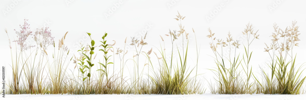 3d render of grasses isolated on white background, in different size and shape.