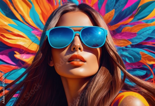 Illustration of a long haired girl in sunglasses on an colored background