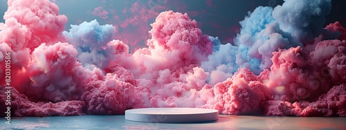 Stunning pastel pink podium surrounded by voluminous clouds under an ethereal sky photo