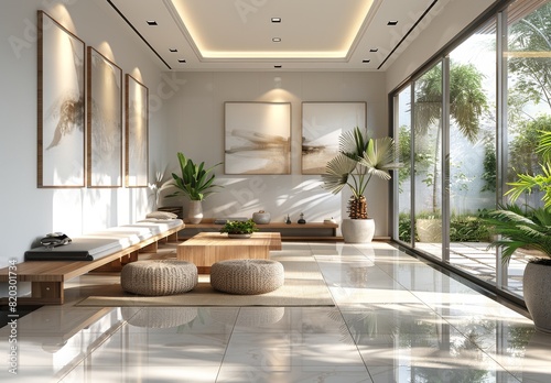Sleek modern entrance hall with marble flooring  sunlight and vibrant plants