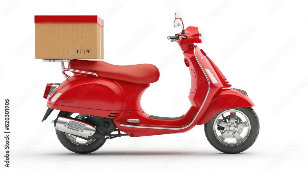 red scooter with a box isolated on white background. motorcycle delivery realistic