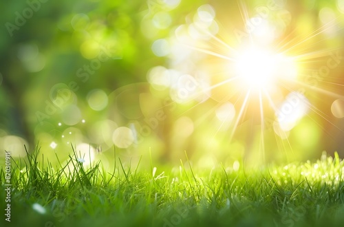 Beautiful Blurred Summer Nature Background with Grass and Sun Rays