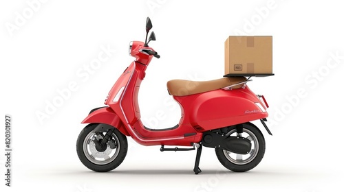 red scooter with a box isolated on white background. motorcycle delivery realistic