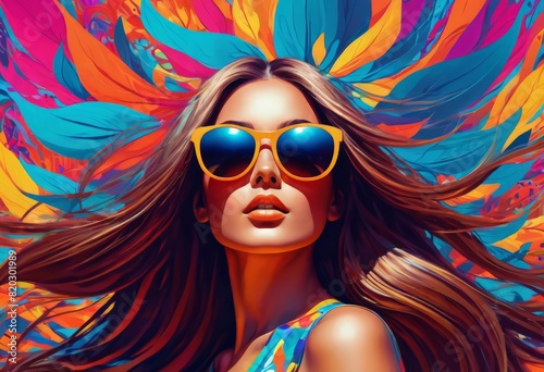 Illustration of a long haired girl in sunglasses on an colored background