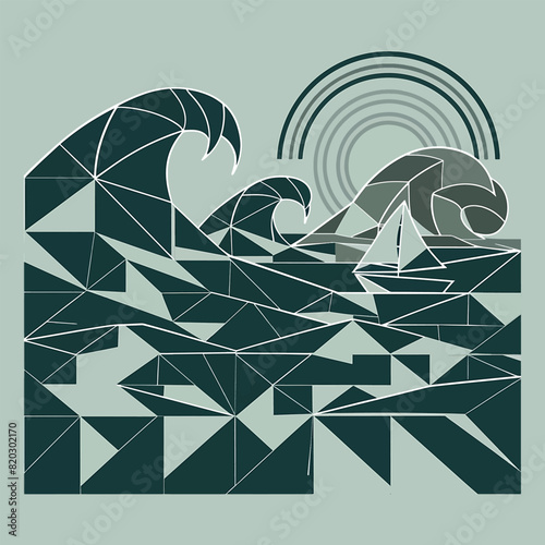 A stylized ocean scene composed entirely of geometric shapes. 