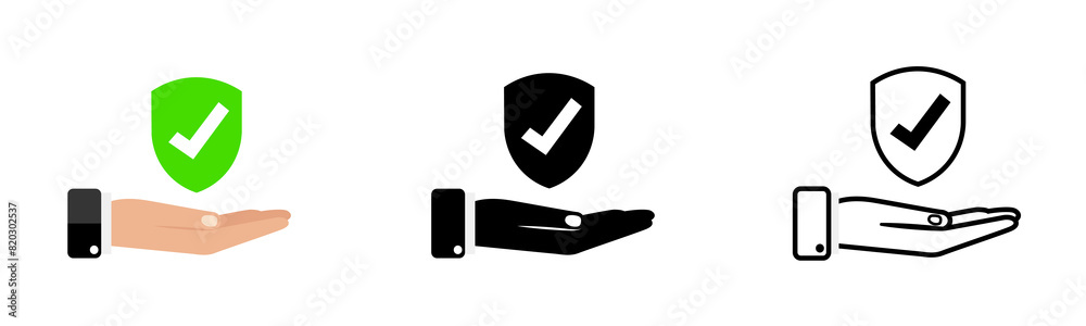 Shield with a check mark in hand. Symbol of protection and safety vector eps10 Shield with a check mark in hand. Symbol of protection and safety vector eps10