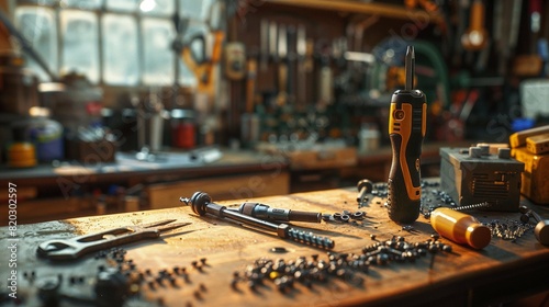 Tool Set on Workbench: Focus on Electric Screwdriver