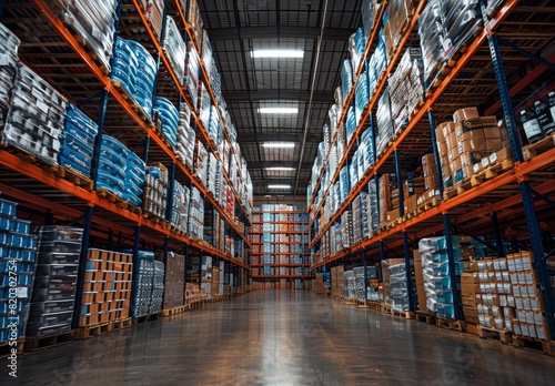 Large industrial warehouse with high shelves stocked with boxes, workers managing inventory © Fat Bee