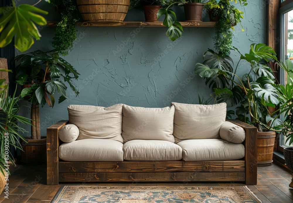 Cozy wooden sofa with beige cushions in a modern living room setting ...