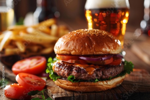 Hamburger and beer on table classic staple food pairing
