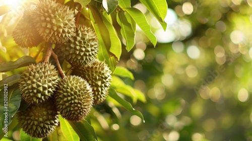 ripe durian fruits are hanging on a tropical tree in the garden realistic