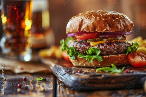 Hamburger and beer on table classic staple food pairing photo