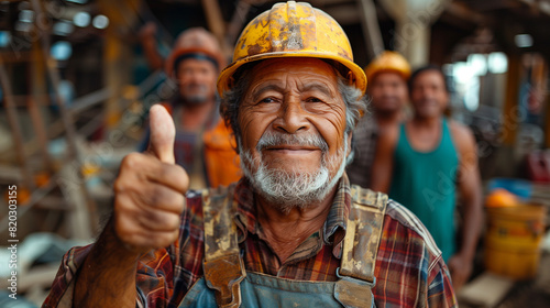 Elderly Brazilian Construction Worker Giving Thumbs Up with Team and Brick Building Under Construction

