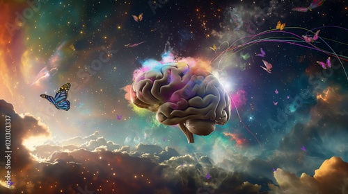 Beige brain floating cosmos butterflies space clouds nebula colorful stars neural connections