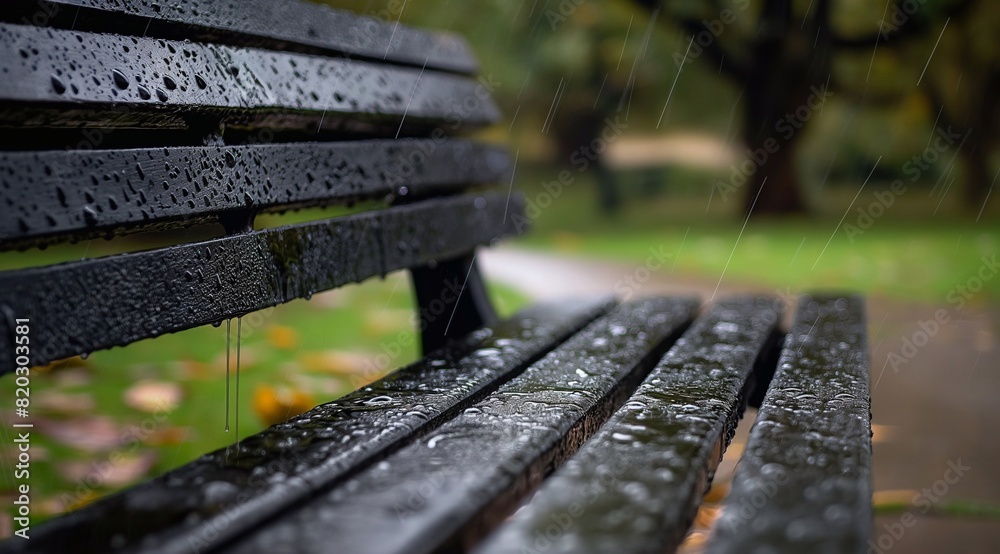 A wooden bench in the park, covered with dewdrops, creating an atmosphere of tranquility and calmness. generative AI A wooden bench in the park, covered with dewdrops, creating an atmosphere of tranquility and calmness. generative AI