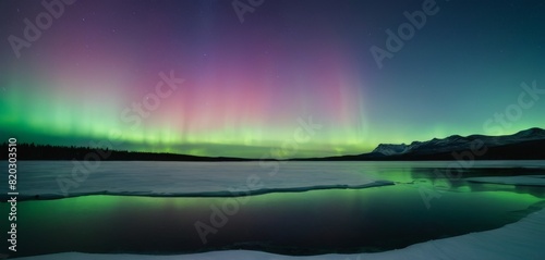 A wide panoramic view showcases the awe-inspiring Northern Lights dancing above a partially frozen lake.