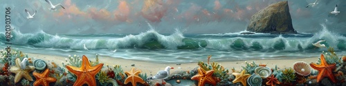 Vibrant beach scene featuring sea stars, crashing waves, and a rocky outcrop under a colorful sky with seabirds flying overhead