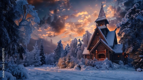 Scandinavian stave church  intricate woodwork  snowy background  twilight  magical atmosphere realistic