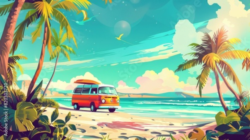 A vintage orange bus is parked on the beach next to palm trees. The landscape is serene and peaceful, with the ocean in the background and palm trees creating a tropical atmosphere