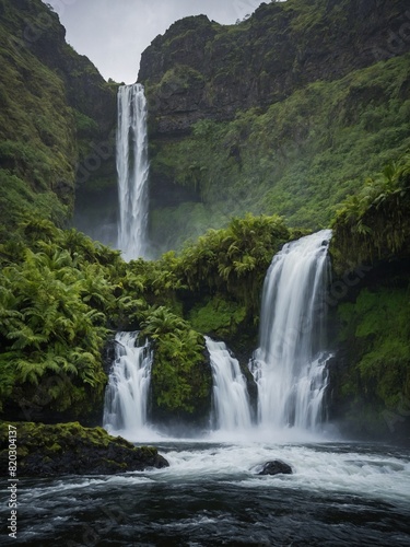 Waterfall of towering height cascades down cliff  lush  green  into serene pool below. Scene surrounded by verdant foliage  mist  creating tranquil atmosphere.