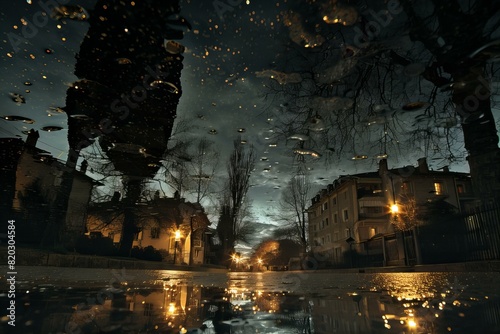 Trees reflect in a water puddle on city street