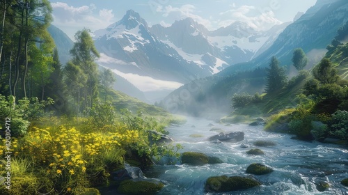 Serene alpine river flowing through a lush mountain valley  early morning light  mist rising realistic