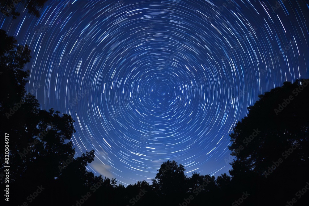Fototapeta premium Stars streak above trees creating mesmerizing night sky view