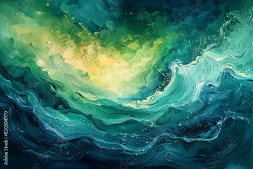 Abstract painting of a wave in a blue and green ocean