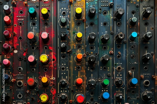 A close up of various colorful controls on a soundboard photo