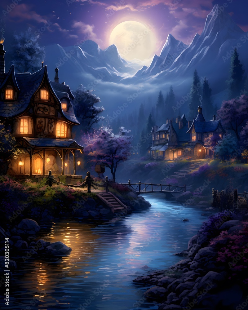 Fantasy landscape with wooden houses on the banks of the river at night.
