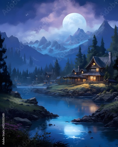 Mountain landscape with a wooden house and a lake at night. © Iman