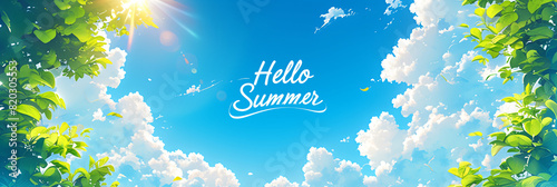 Hello summer text on beautiful blue sky with clouds. Summertime. Calligraphy lettering. Travel and vacation concept. Illustration for greeting card or banner, summer sale
