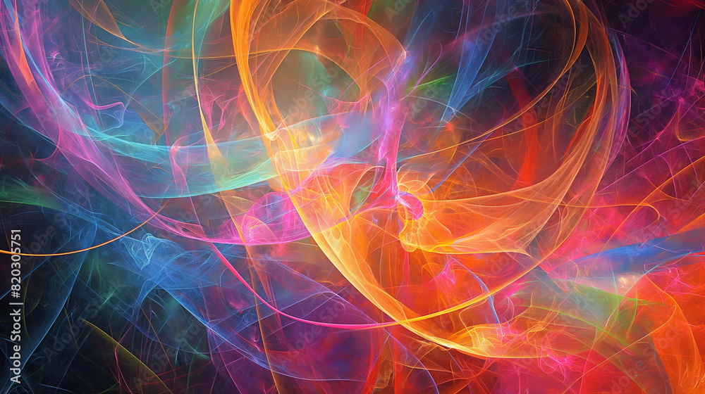 A colorful abstract painting showing layers of transformation through energy lines. Dynamic and dramatic composition, with cope space